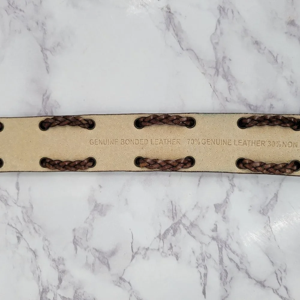 Brown Bonded Leather Belt with Brass Buckle Braided X Design Western